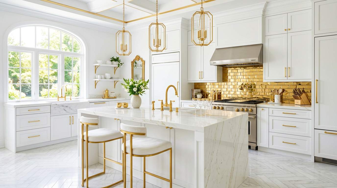 découvrez nos astuces pour aménager une cuisine blanche et dorée, alliant élégance et luminosité pour un intérieur chic et accueillant.